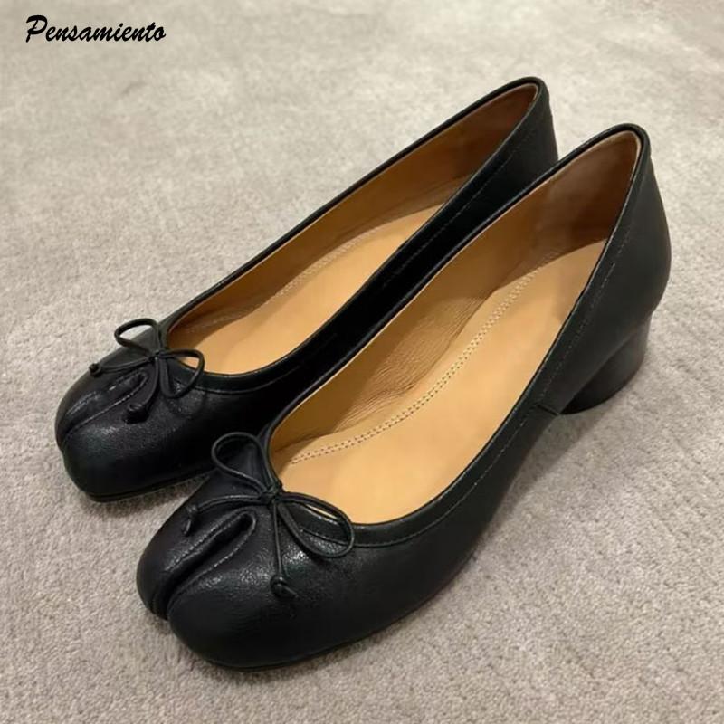 Pleated Designer Split Toe Women Pumps Comfort Soft Leather 3.5cm Low Heeled Ballet Ballerina Casual Tabi Loafers Shoes