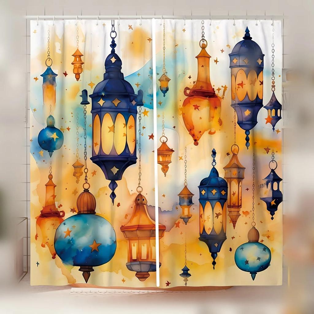 2pcs Translucent Polyester Window Curtain Ramadan Lamp Arch Moon Star Lantern Holiday Decor Living Room Bedroom Office Home