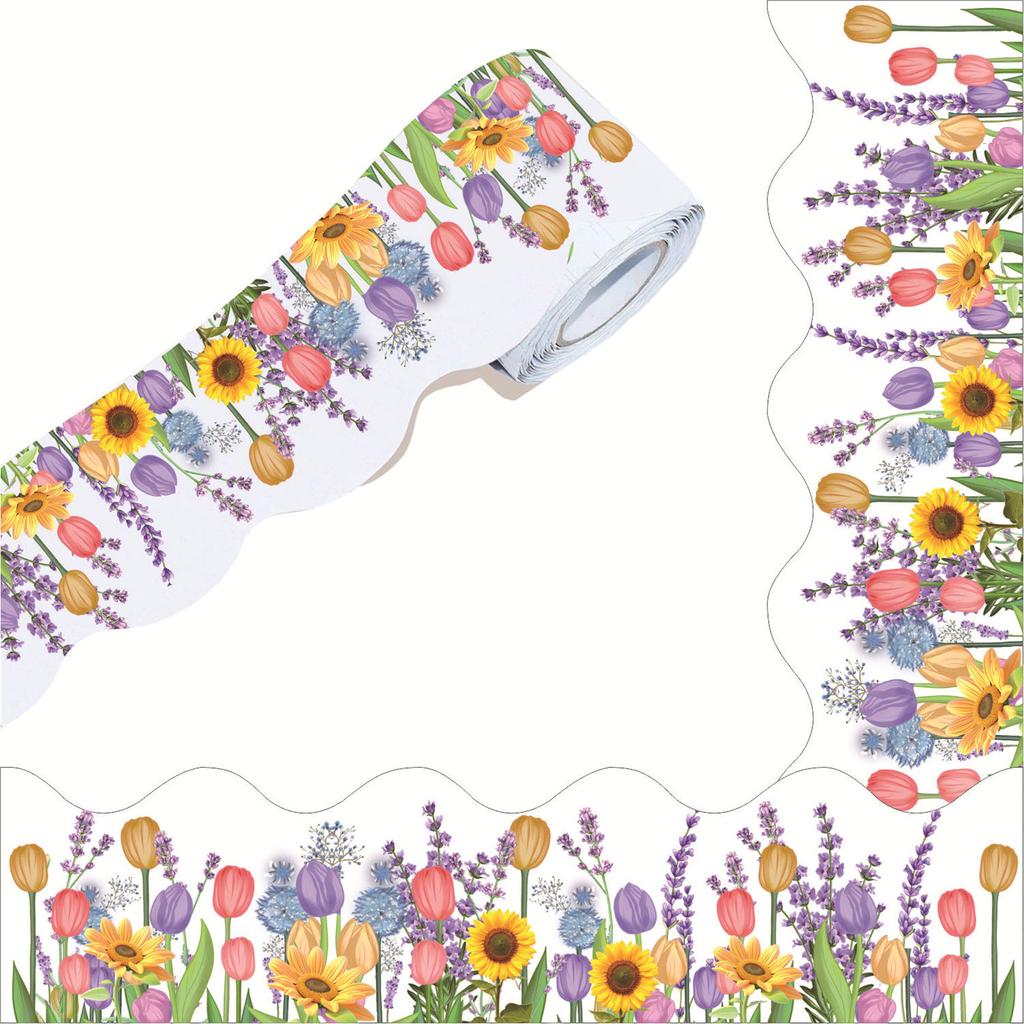 Colorful Tulips Flower Border Trim for Party Bulletins Board Border for Classroom Blackboard Scalloped Paper Borders