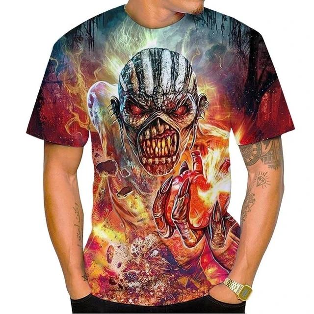 Men's fashionable skull 3D print T-shirt, trendy digital round neck short-sleeved casual top, street style.