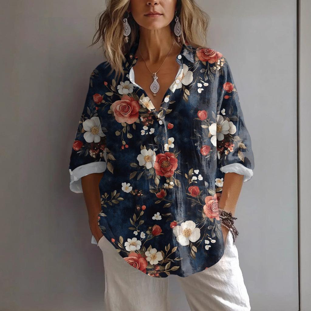 Women's Casual Spring And Summer Loose Printed Casual Sleeved Lapel Pullover Shirt