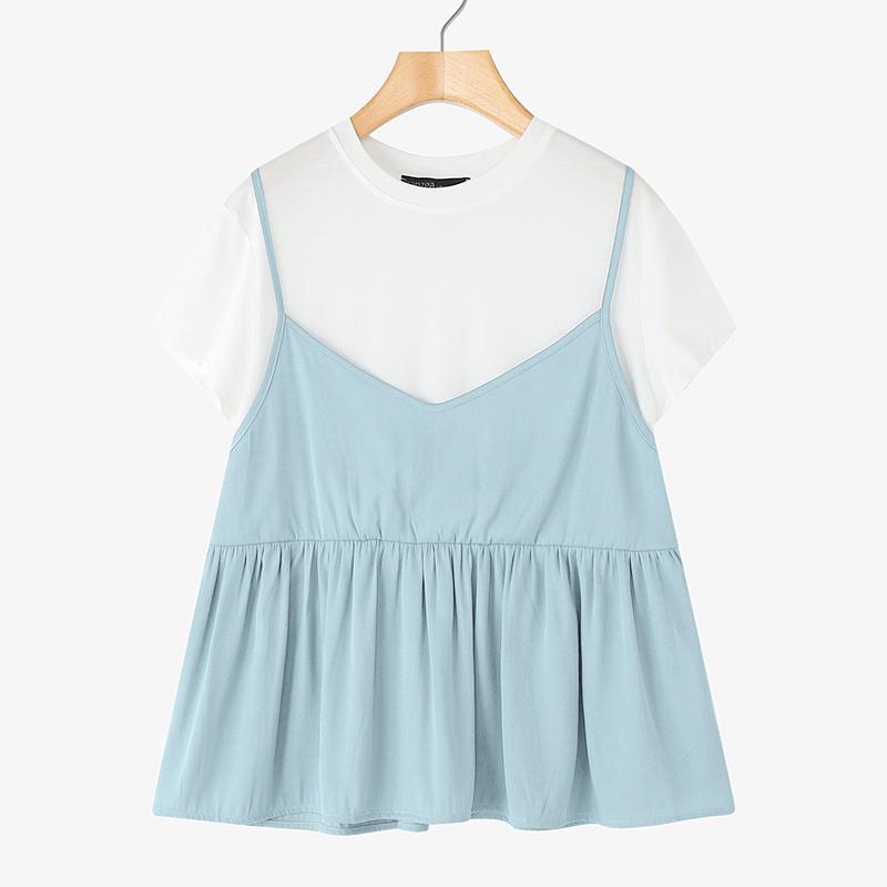 

ZANZEA Женские летние повседневные поддельные двухкомпонентные футболки с коротким рукавом в стиле пэчворк S светло-синий