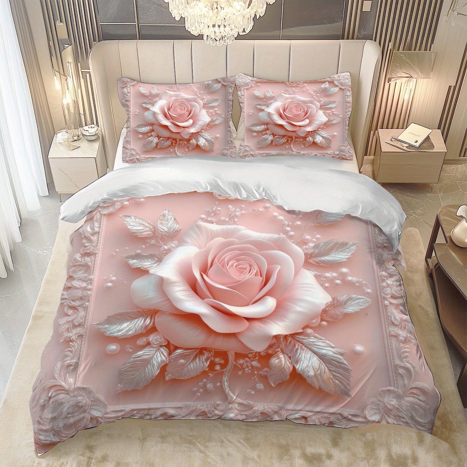 

Pink Rose Silvery Leaves Pattern Duvet Cover Set Elegant Design Bedroom Decoration Machine Washable - Soft Bed Cover Set 135X200cm