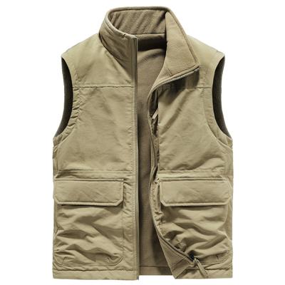 Mens Double-Sided Camping Vests Warm Fleece Multi-Pocket Utility Casual Tactical Outerwear Outdoor Hiking Cargo Cotton Vests