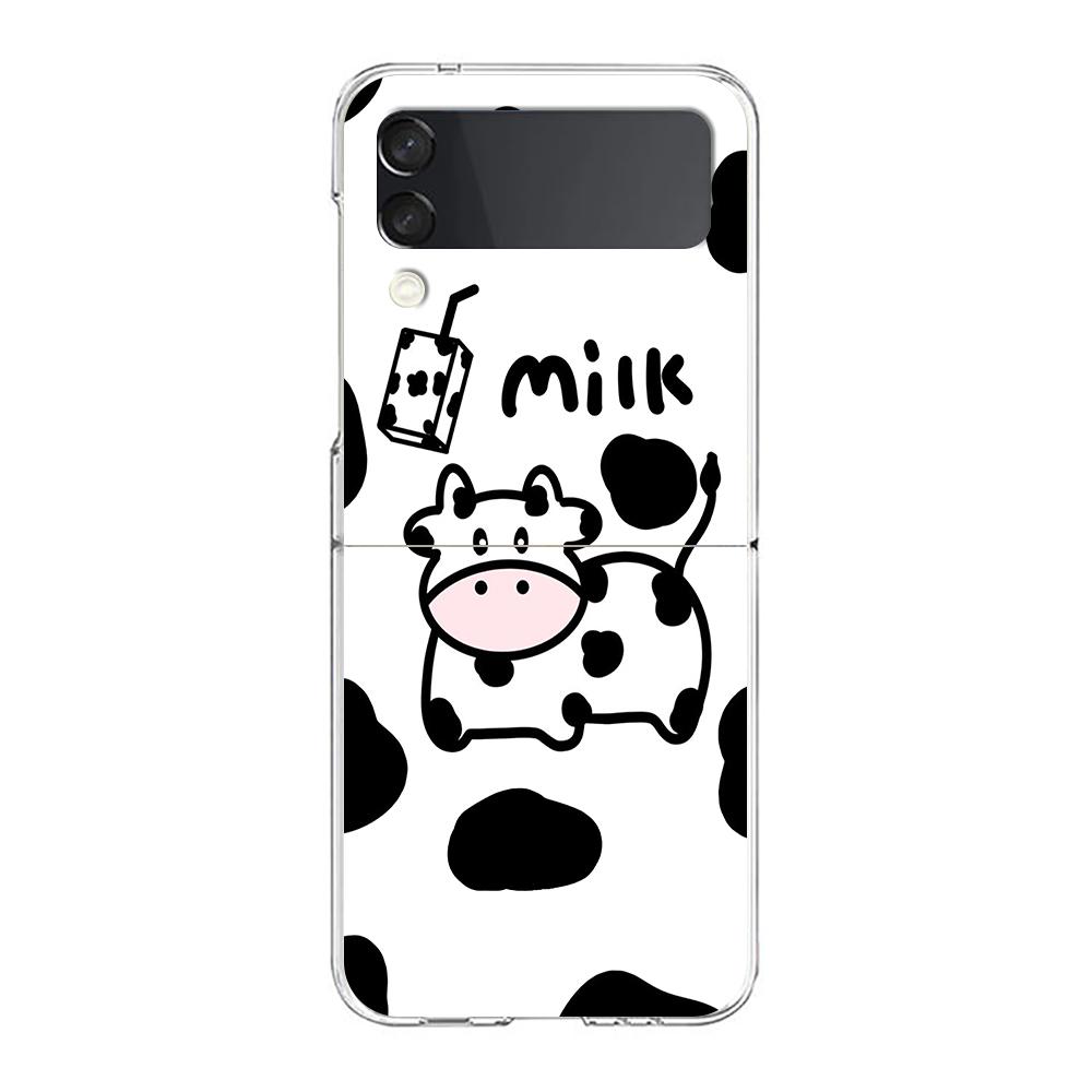 Transparent Phone Case For Samsung Galaxy Z Flip 3 4 5 6 7 Hard Folding PC Z Flip3 Flip4 Cover Dairy Cattle Cow Speckle Cute