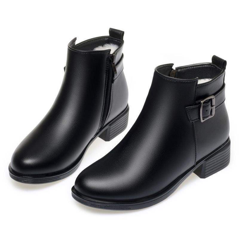 Autumn and Winter Soft Leather Non-slip Short Boots Female Mother Shoes Low Heel Thick Heel Velvet Thermal Cotton Boots Middle-aged Large Size Women