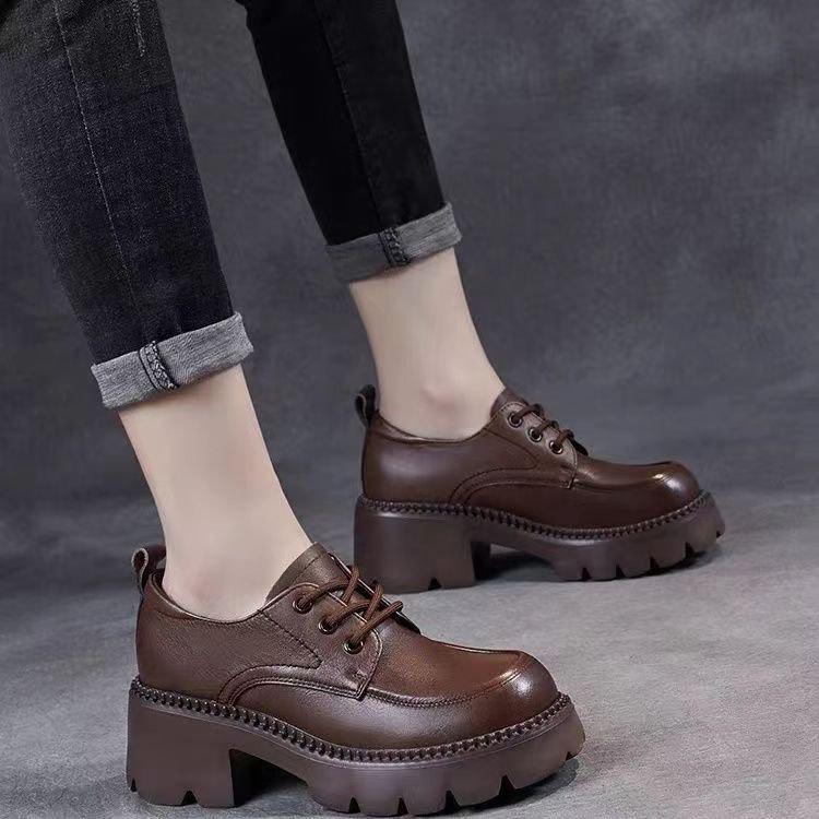 

British style small leather shoes women s high heels with skirts 2025 autumn new heightened platform loafers Mary Jane single shoes 40 темно-коричневого кольору
