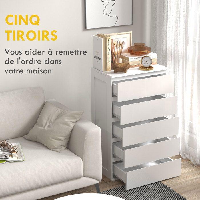 Commode - HOMCOM - 5 tiroirs meuble de rangement épuré style moderne chambre salon mobilier - bois - 60x39x100cm - blanc
