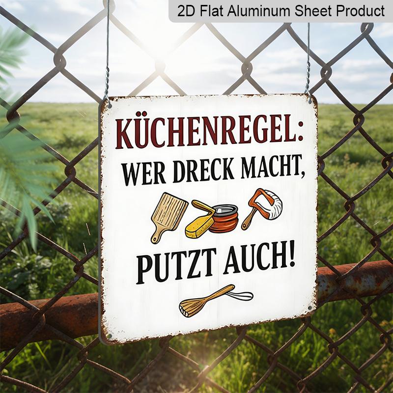 2D Flat, 1pc German Kitchen Rules Metal Sign - Vintage German Text & English Translation Wall Plaque with Utensil Icons, Chef Gift for Home