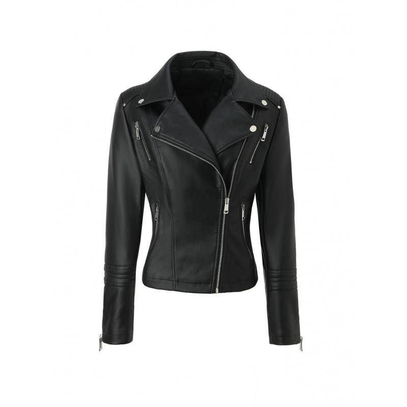 Womens Black Short PU Leather Moto Jacket With Multiple Zippers Streetwear Style 2026
