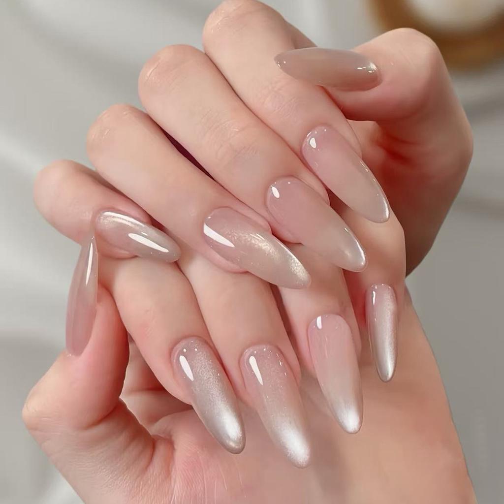 24Pcs Shiny Cat's Eye Pink Full Cover Nail Tips Art Finished Finger False Nails with Diamond Wearable Almond Press on Fake Nails