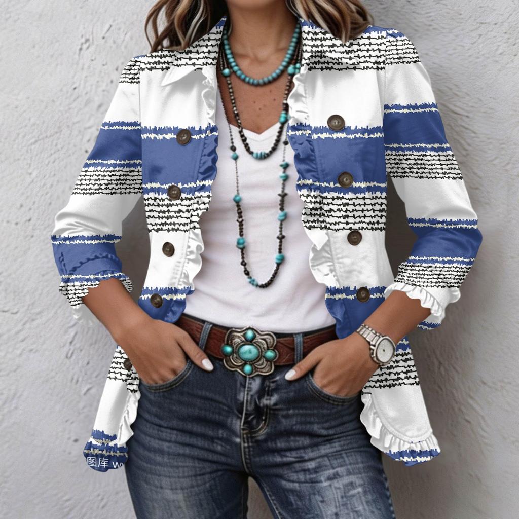 Women's Striped Print Long Sleeve Ruffle Button Front Shirt Jacket for Casual Wear