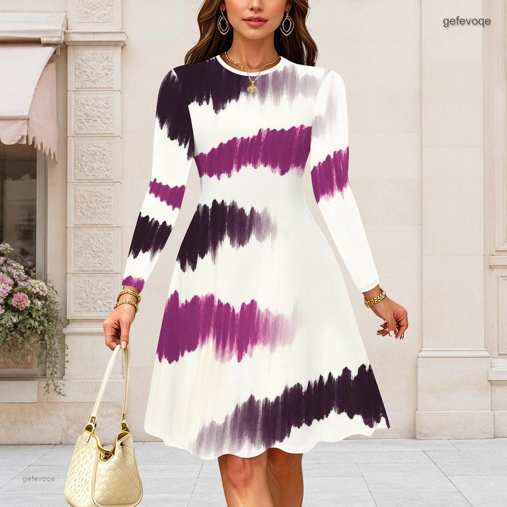 Women Plus Size Round Neck Long Sleeve Dark Teal Navy Gold Printed A Line Flared Dress