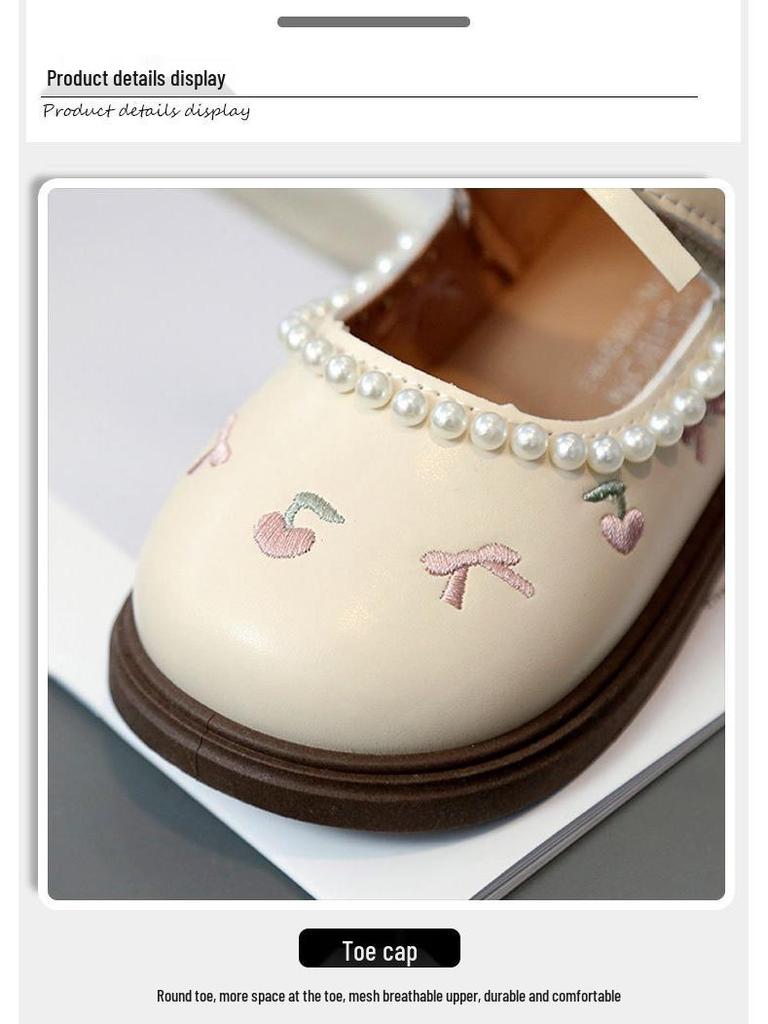 Cherry Leather Bowknot Princess Shoes for Girls - Soft Sole Pearl Trim Flats