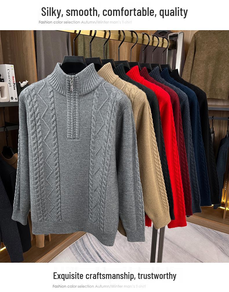 Herren Winter dicker Strick Pullover mit halbem Reißverschluss und Stehkragen