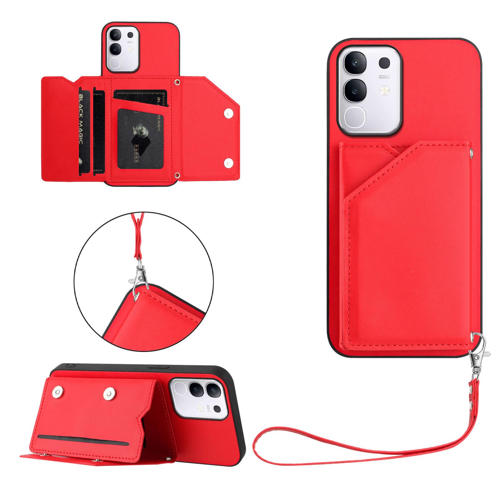 

Чехол для vivo T4x 5G/vivo Y300t 5G/vivo iQOO Z10x 5G/vivo Y29 4G с держателем для карт, подставкой, покрытием с эффектом «кожи» и ремешком на запястье Red