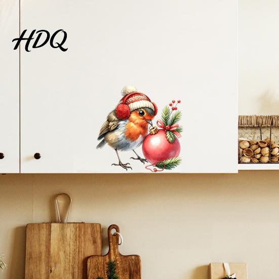 Decorative Bird Wall Art Christmas Sticker Cute Watercolor Decals with Wreath/Scarf/Hat/Ear Warmer PVC Waterproof Murals for Living Room Window