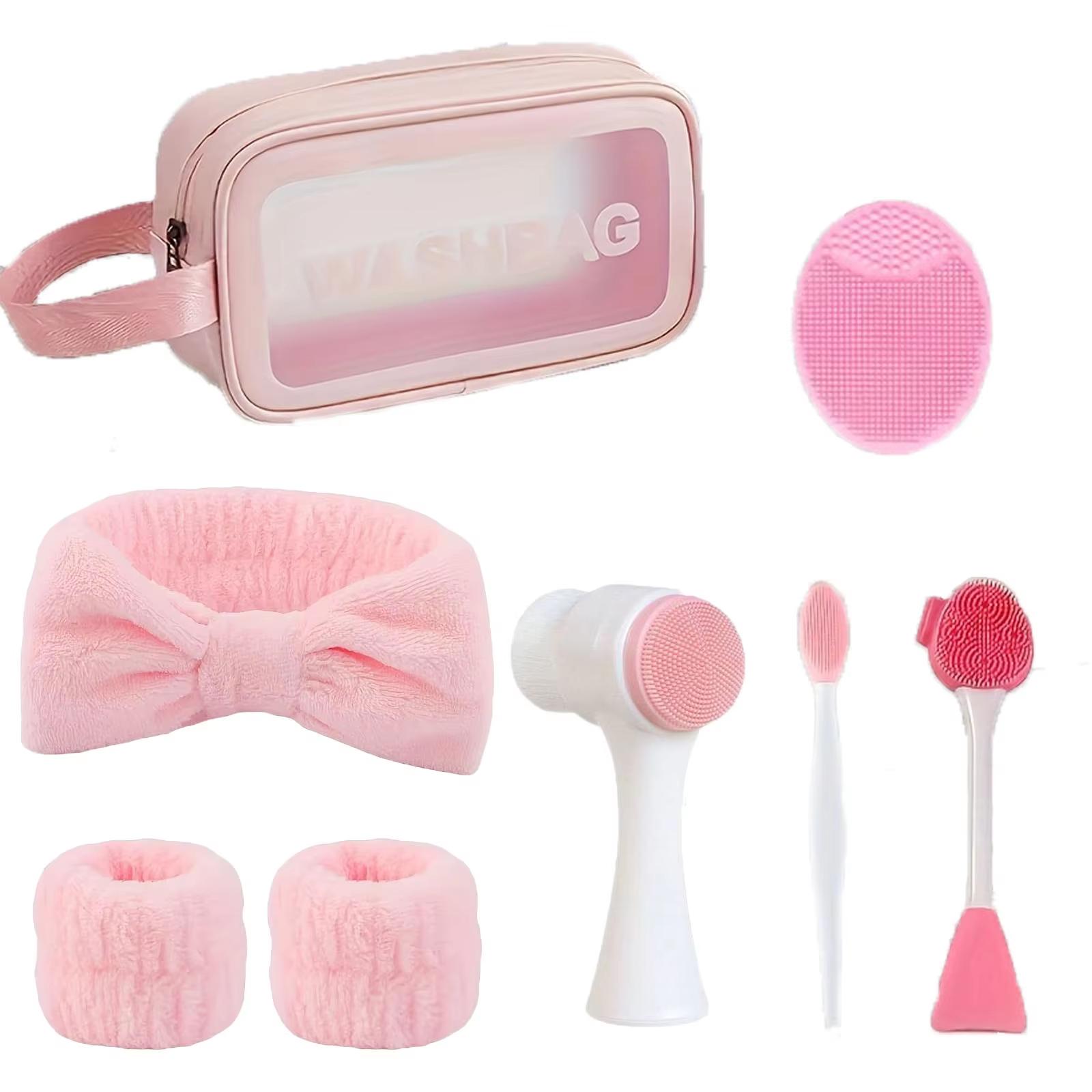 8-Piece Beauty Facial Kit for Deep Cleansing and Gentle Exfoliation - Includes Headband, Pink Silicone Cleansing Brush and More