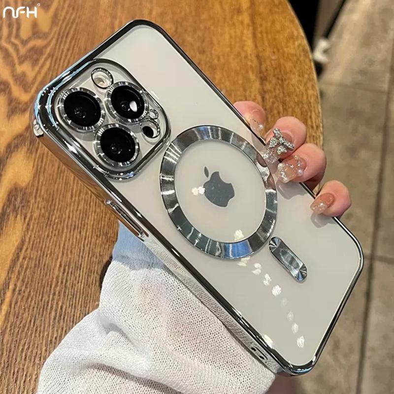 

For iPhone 15 16 Pro Max Luxury Magsafe Magnetic Plating Frame Transparent Phone Case For iPhone 11 12 13 14 15 Plus Lens Cover For 16 Pro Max