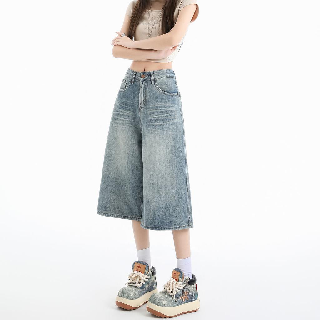 Trendy Summer Loose Fit Denim Cropped Capri Pants For Petite Women High Street Wide Leg Straight Versatile Slimming Daily Trousers
