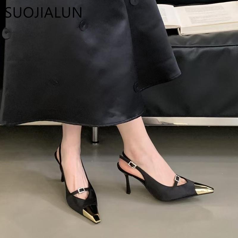 Fashion SUOJIALUN New Women Pumps Shoes Fashion Mix Color Ladies Eelgant Sandal Shoes Pointed Toe Thin High Heel Dress Slingback Shoes