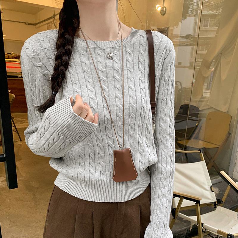 2025 Autumn/Winter Women's Slim Fit Twist Knit Grey Cotton Sweater Top