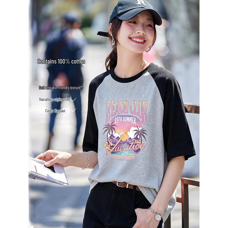 Women s Summer Printed Raglan Sleeve T-Shirt L