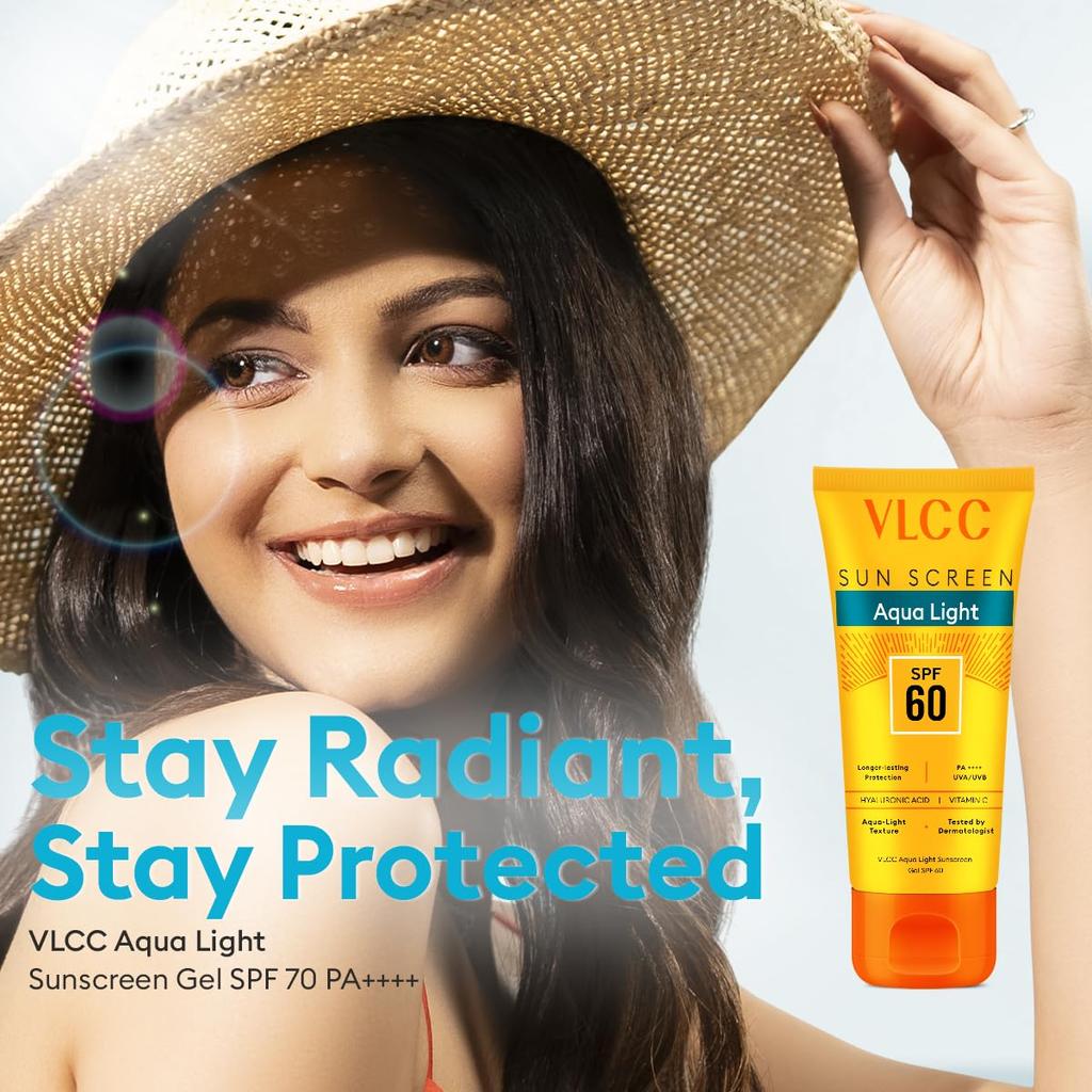 VLCC Aqua Light Sunscreen Gel SPF 60 PA++++ Hydrating Non Greasy Daily Sun Protection Gel For Outdoor Use 100 g