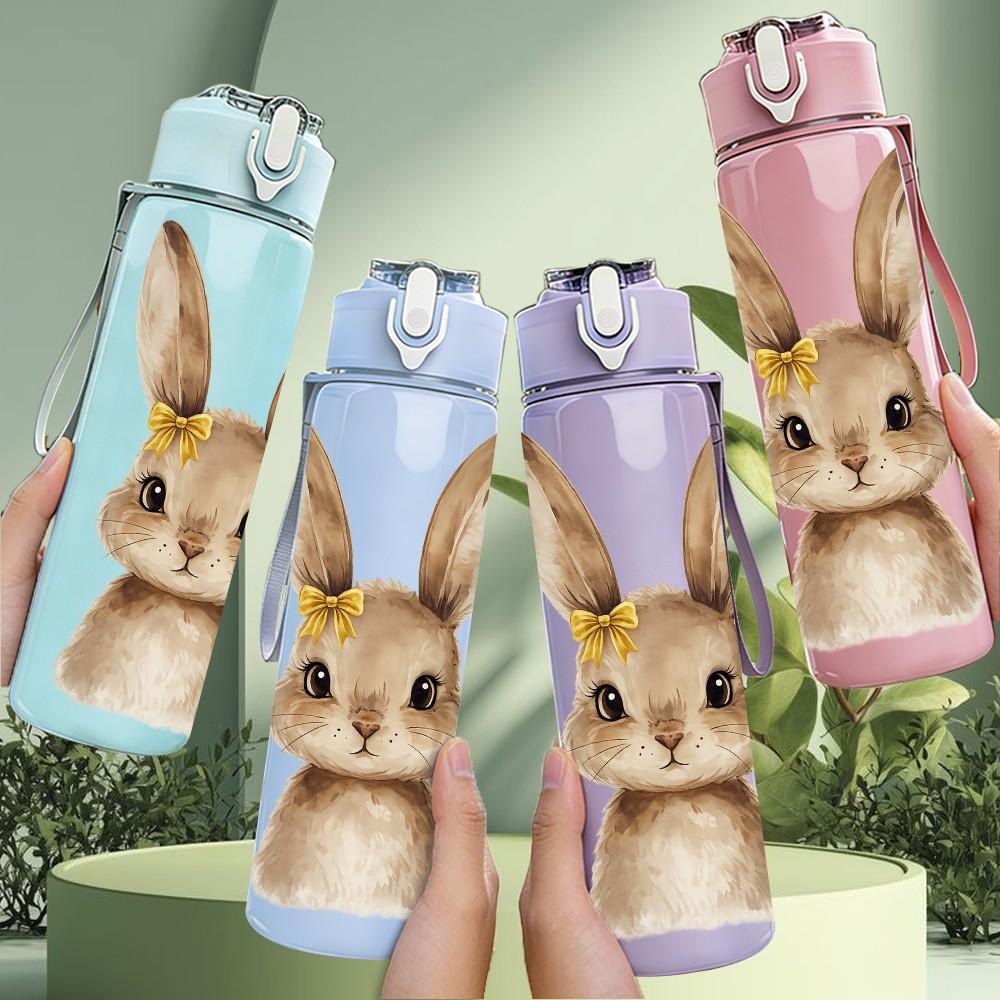1PC Cute Long Ear Bunny Rabbit Portrait Print 750ml Color Plastic Sports Water Bottle Leakproof Flip Straw Lid Suitable for Sports Office Home Use