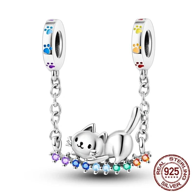 Colgantes de plata de ley S925 con forma de gato, perro, mariposa, flor y cadena de seguridad de color morado, aptos para pulseras originales DIY