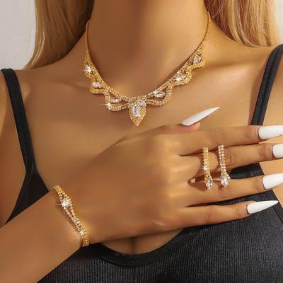 Dress Necklace Set Fashion High-End Zircon Color Necklace Earrings Jewelry Two-Piece Set