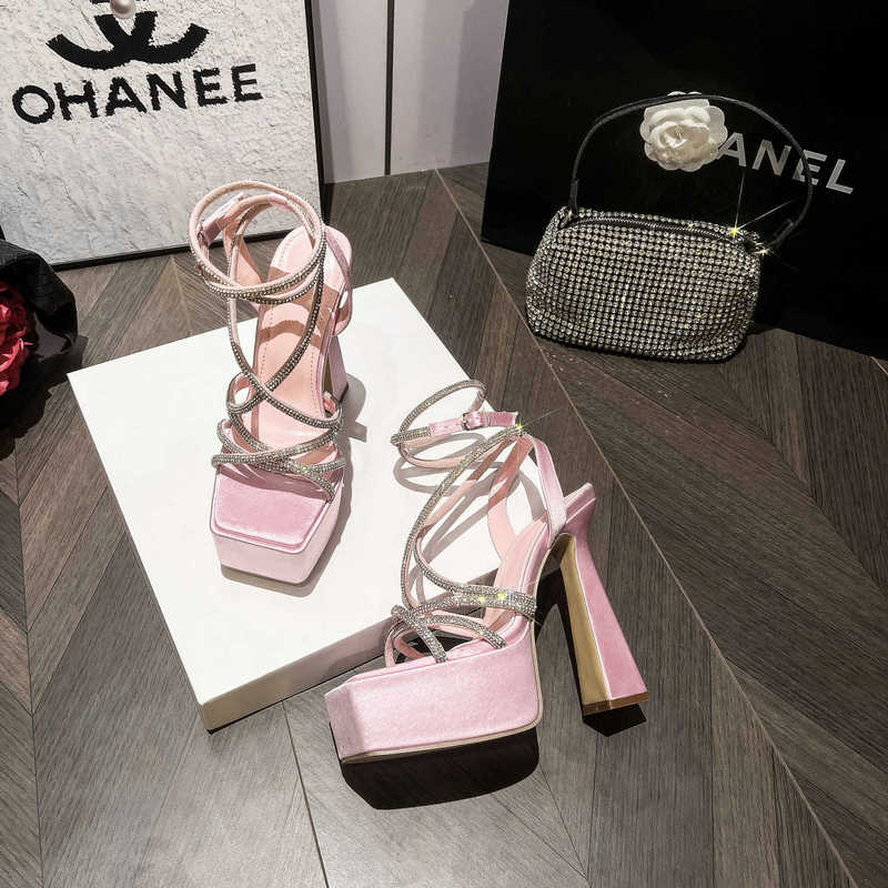 Fashion Super High Heels 13cm Thick Heels Waterproof Platform Square Head Rhinobason Line With High Heel Sandals Catwalk Banquet Shoes