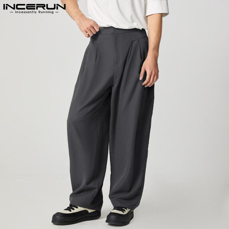 INCERUN Men Zipper Button Waist Casual Loose Baggy Long Wide Legs Pants Trousers