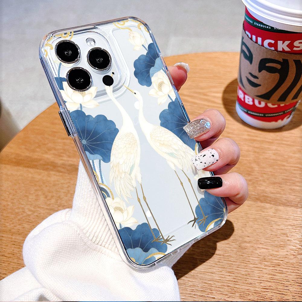 Cranes and Lotus Flowers Lucency Phone Case for IPhone 14 15 16 13 12 11 17 Pro Max 12 13 Mini Soft Cover