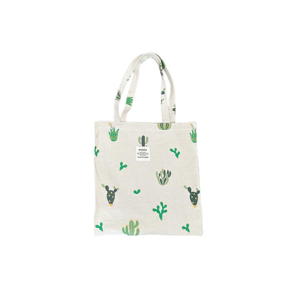 Stylish Large Capacity Canvas Tote Bag With Embroidered Cactus For School And Daily Use