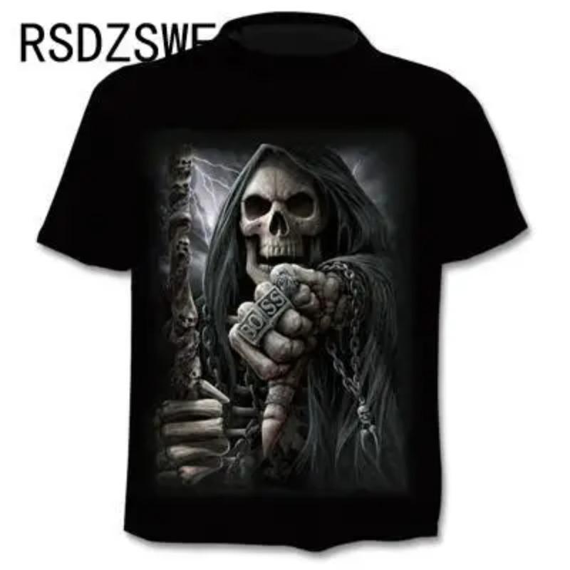 Round Neck 3D Skull Printed Top Fashionable Casual Short Sleeved Men's T-shirts - Soft Medium Stretch Polyester Fabric Summer Relaxed Fit Clothing