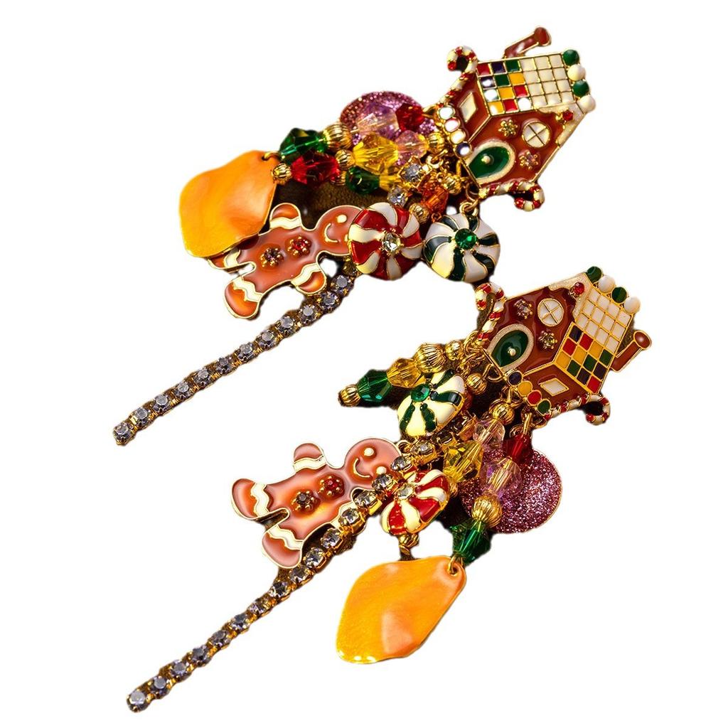 Medieval vintage dream candy hut gingerbread man christmas pendant earrings European and American enamel drop glaze earrings