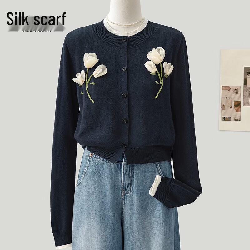 Women s Wool Blend 3D Floral Knitted Cardigan L