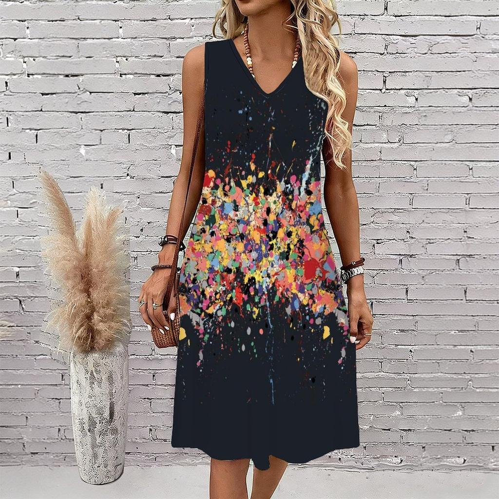 Plus Size V Neck Sleeveless Green Bamboo Valley Brook Print For Elegant Summer Daily Outfit
