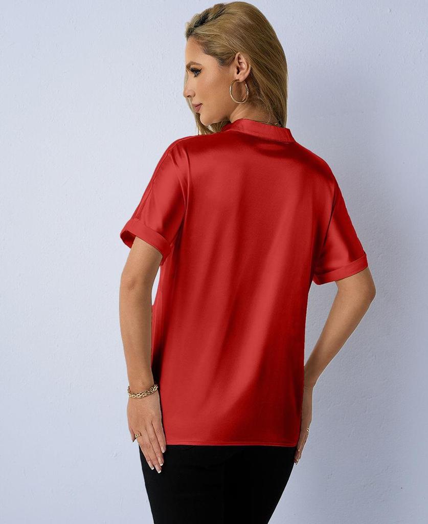 Elegante Satin-Herbstbluse - Europäischer & Amerikanischer Stil, Kurzarm Stehkragen