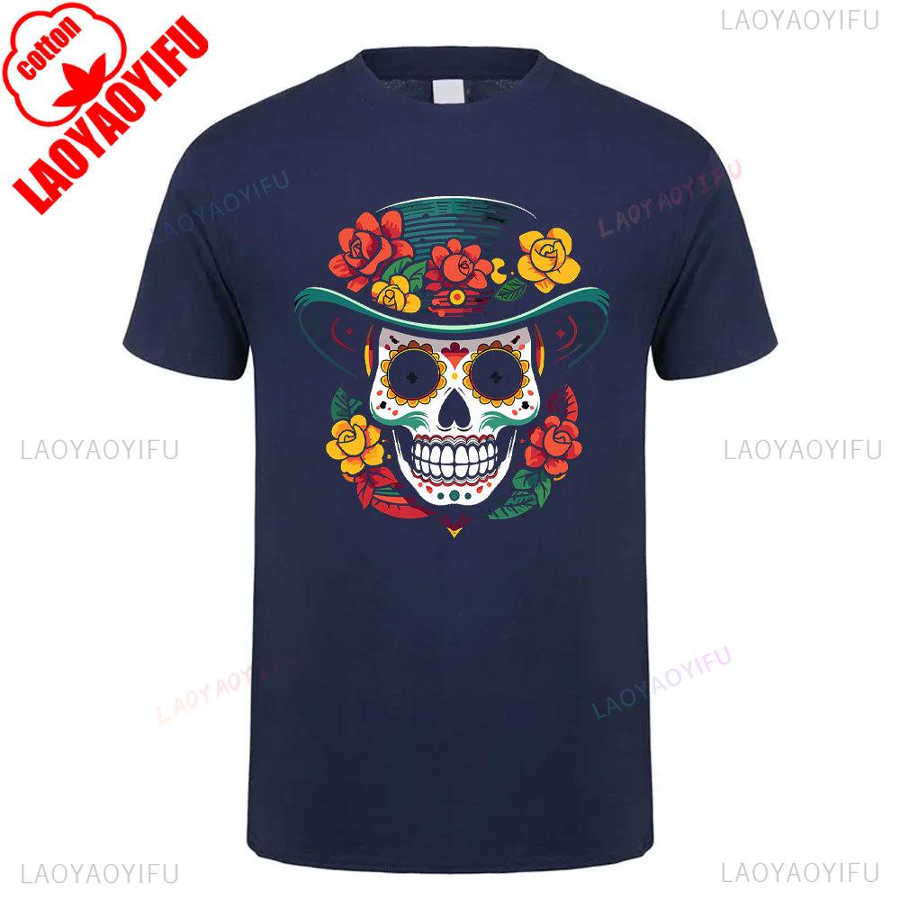 Mexican Skull Pattern Cotton Summer Tee Unisex Short Sleeve Round Neck Retro Style Graphic Shortsleeved Launched Casual Tshirt