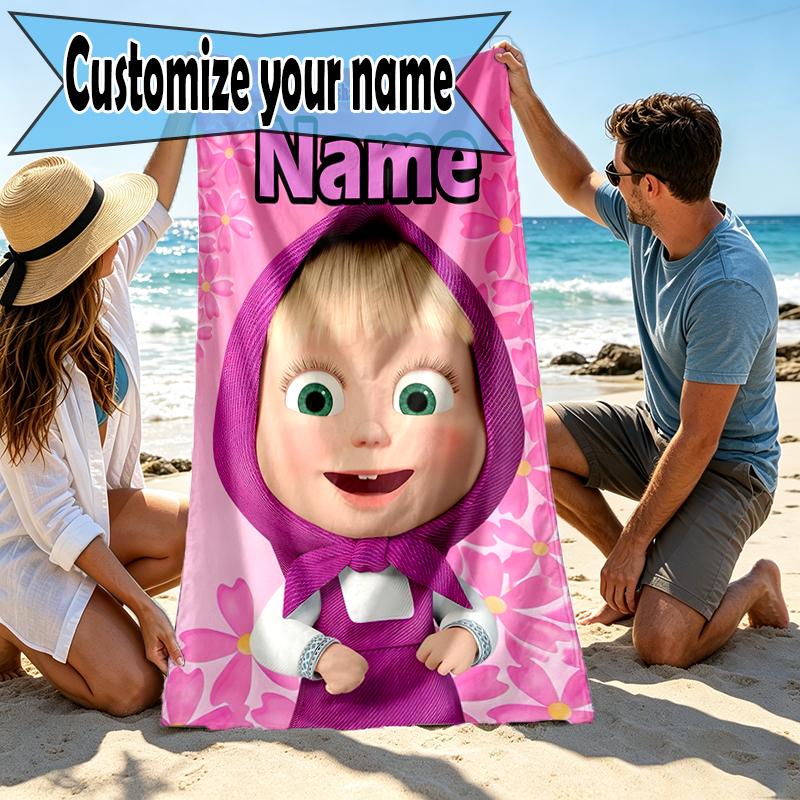Asciugamano da Spiaggia Personalizzato con Nome Masha e Orso, per Viaggio Campeggio Festa in Spiaggia Decorazione Casa, Regalo di Compleanno per Famiglia e Amici