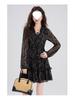 Chic Retro Floral Chiffon Dress: Petite Waist-Cinched Slim Black Style for Autumn & Winter