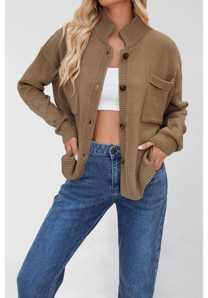 Women's Plus Size Solid Color Knitwear Cardigan with Stand-up Collar - New 2026 Collection