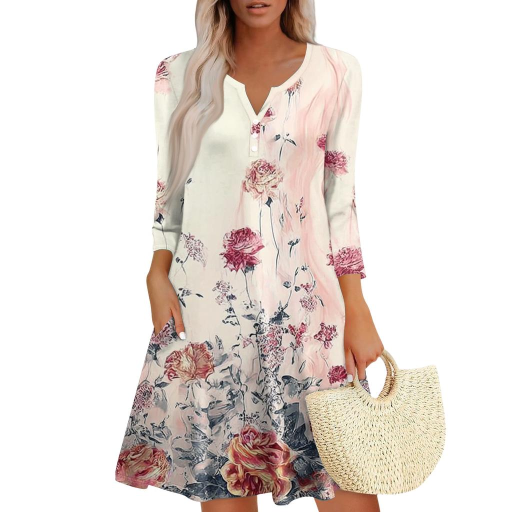 Damen Modisches V-Ausschnitt Knopf Sieben-Achtel-Ärmel Manschette Tasche Blumenkleid