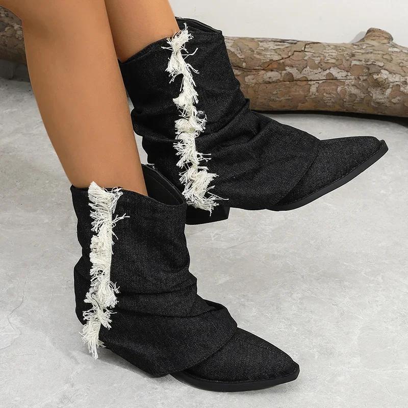 Vintage Thick Heel Women Denim Western Cowgirl Boots Fashion Slip On Shoes Autumn Winter Ladies Tassels Short Booties