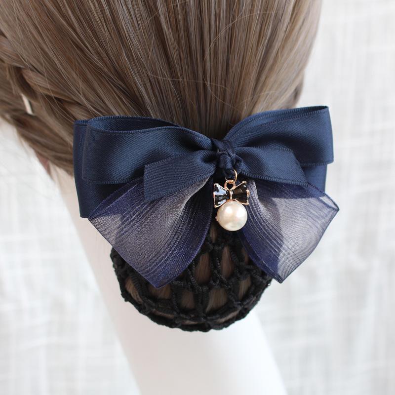 Vocational Nurse Head Flower Mesh Pocket Hairpin Silk Yarn Pearl Pendant Bow Stewardess Bank Disc Hair