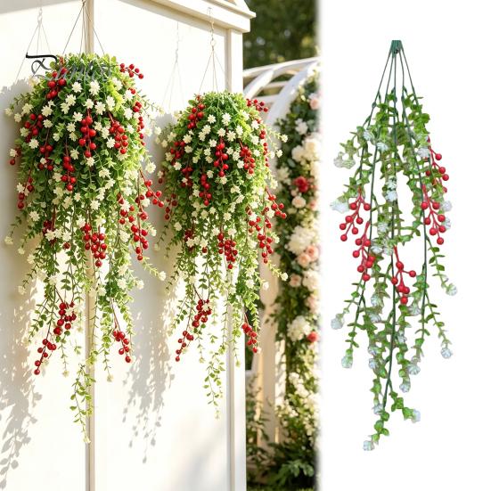 Realistic Fabric Leaves for Crafting Artificial Hanging Vines with Red Berries, Plastic Cascading Greenery Plants, Decorative Faux Wreath Draping