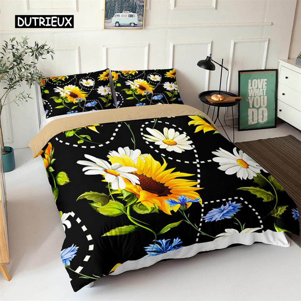 Sunflower Duvet Cover Set Yellow Flower Twin Bedding Set Polyester Black Gold Yellow Sunflowers Print Quilt Cover for Kids Teens