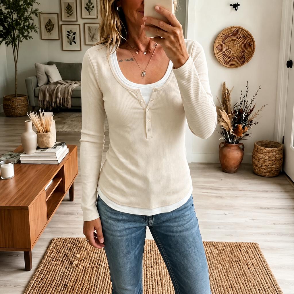 Women's Long Sleeve Color Block Fake Two-Piece Slim Fit Casual T-Shirt